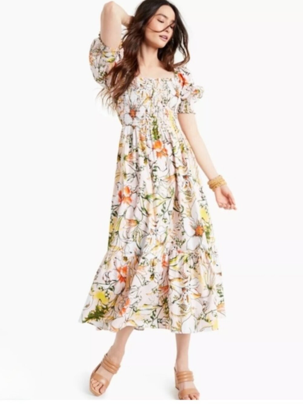 Pink Floral Puff-Sleeve Cottagecore Maxi Dress Size M